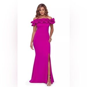 Xscape Pink Off-Shoulder Short Sleeve Gown